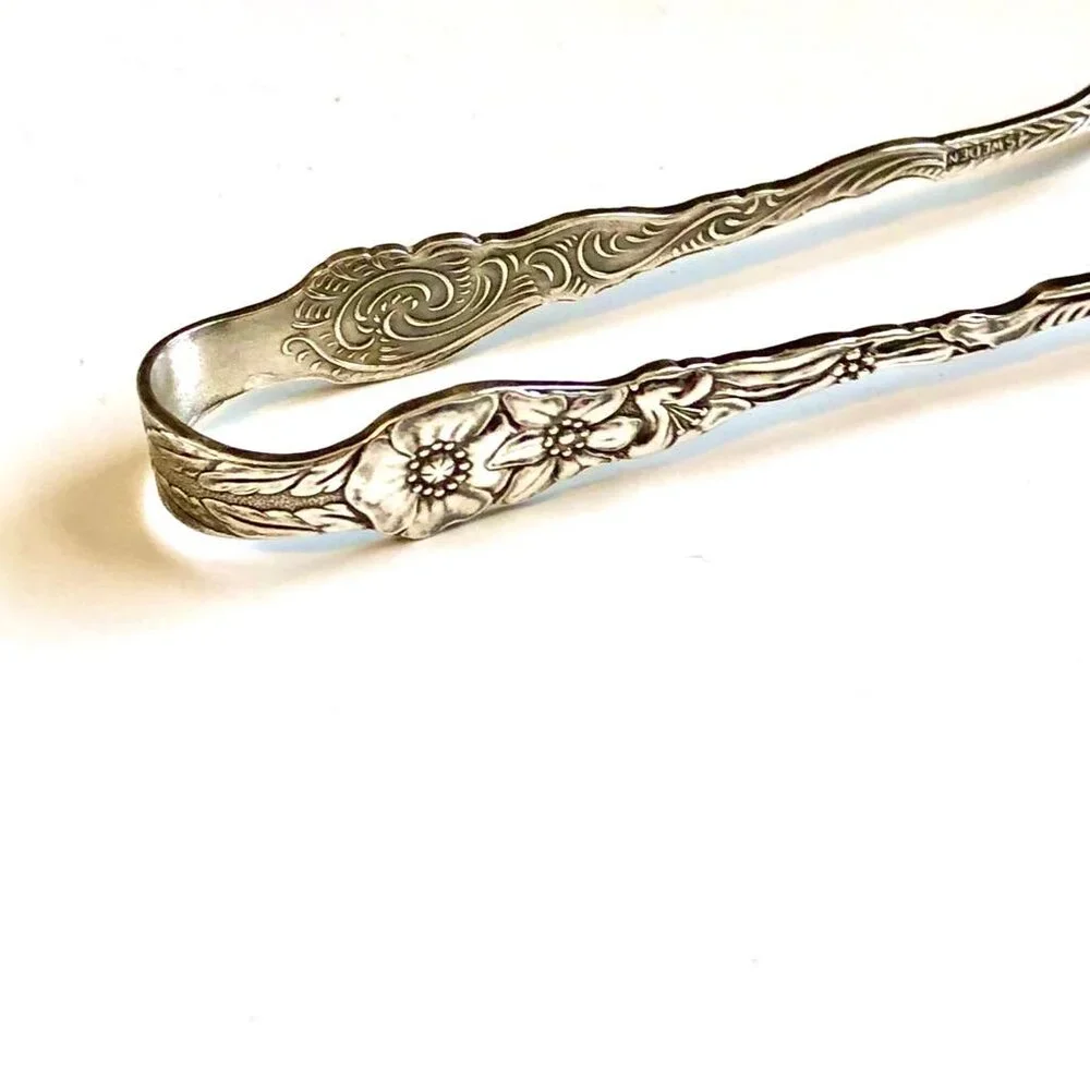 Antique Nils Johan Sweden Silver Plate Petite Forked Sugar Tongs Amsterdam Flora